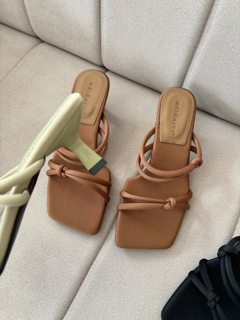 Ladies Double Knot Strap Square Open Toe Slid-On Heel
